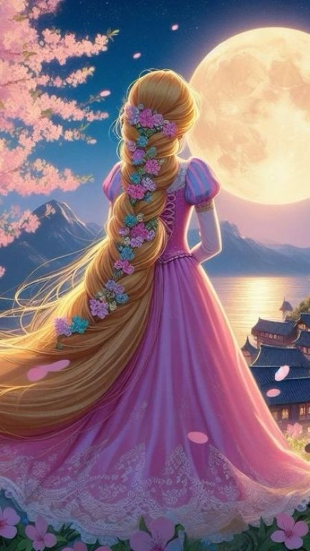 Rapunzel trầm ngâm ngắm trăng ban đêm