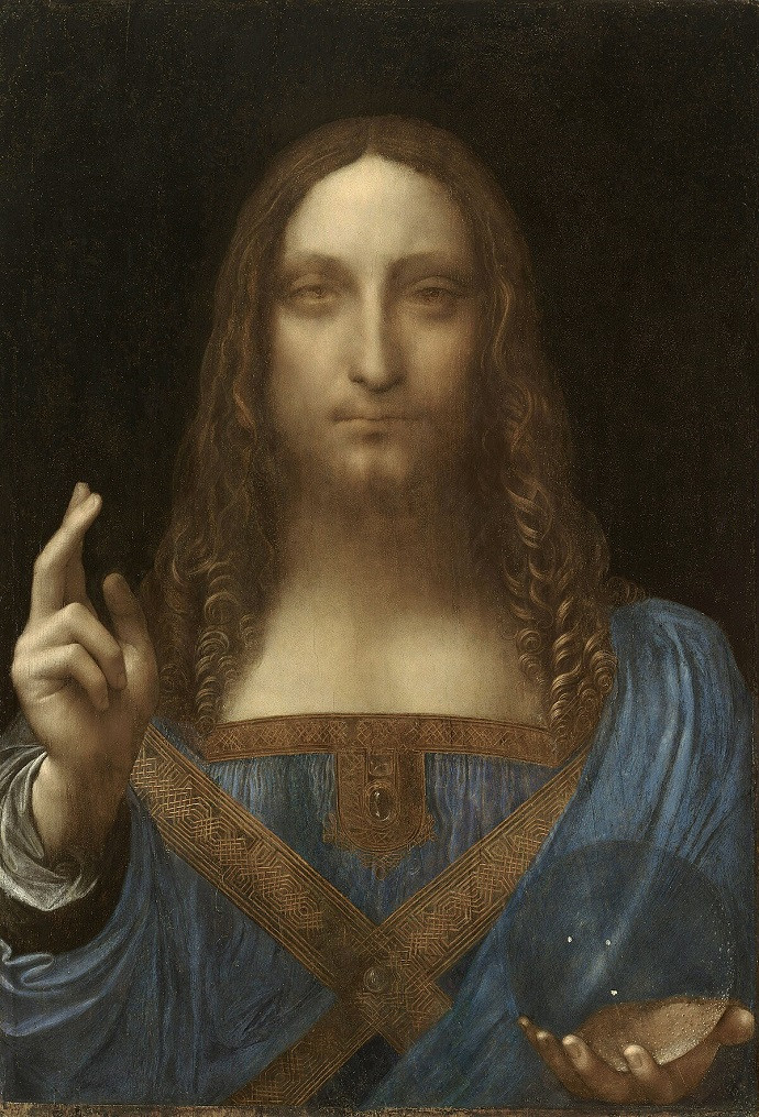 Salvator Mundi (Đấng Cứu Thế), khắc họa Chúa Giêsu cầm quả cầu pha lê, bức tranh đắt giá nhất thế giới được quy cho Leonardo da Vinci