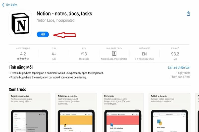 Sau khi tải xong, chọn 'Open' để mở và trải nghiệm ứng dụng Notion trên điện thoại iPhone