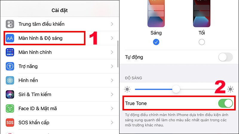 Screenshot hướng dẫn bật True Tone trong Cài đặt &gt; Màn hình &amp; Độ sáng trên iOS