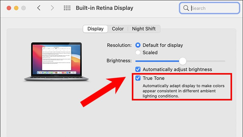 Screenshot hướng dẫn bật True Tone trong cài đặt Màn hình trên macOS
