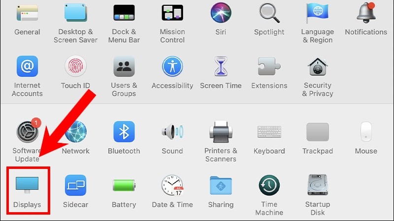 Screenshot hướng dẫn chọn Màn hình trong Tùy chọn Hệ thống trên macOS