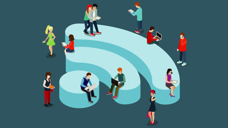 Sơ đồ minh họa cách thiết bị di động (điện thoại, laptop) quét và hiển thị danh sách các mạng Wi-Fi (SSID) có sẵn để người dùng lựa chọn kết nối.