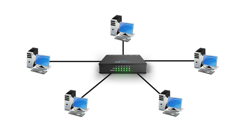 Sơ đồ mô tả cách Hub mạng truyền dữ liệu đến tất cả các thiết bị