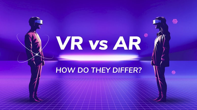 So sánh trực quan sự khác biệt cơ bản giữa công nghệ thực tế ảo VR chìm đắm hoàn toàn và thực tế tăng cường AR kết hợp thế giới thực
