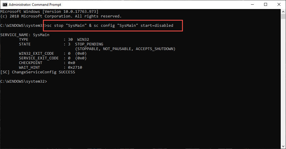 Sử dụng Command Prompt tắt vĩnh viễn dịch vụ SysMain Superfetch