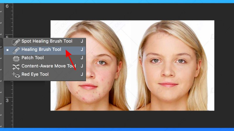 Sử dụng công cụ Spot Healing Brush trong Photoshop để xóa Watermark nhỏ