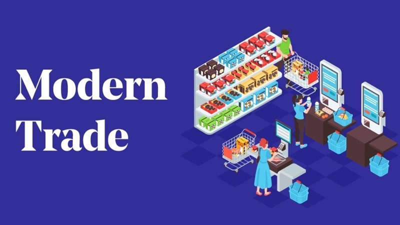 Sử dụng máy quét mã vạch tại quầy thanh toán hiện đại, minh họa việc áp dụng công nghệ trong mô hình kinh doanh Modern Trade.
