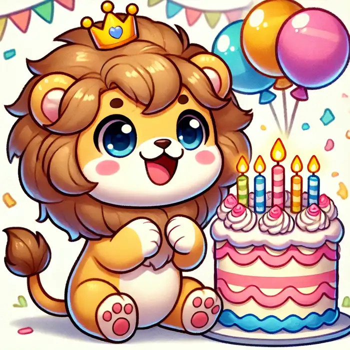 Sư tử chibi mừng sinh nhật bên chiếc bánh kem đầy màu sắc
