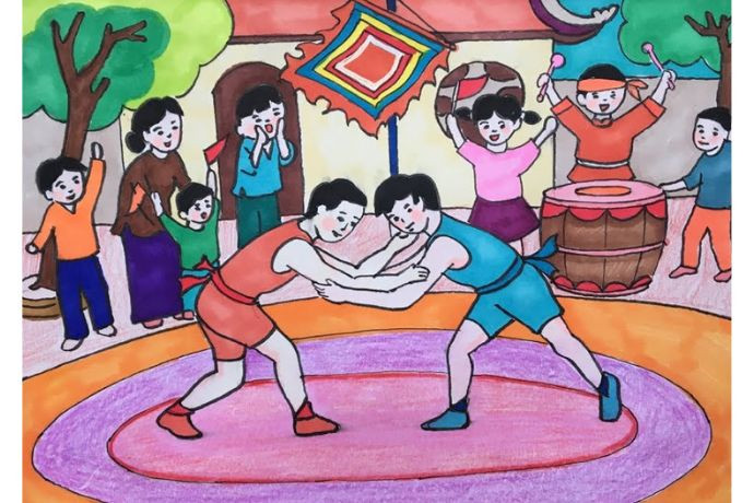 Sức mạnh và sự quyết tâm của các đô vật thể hiện rõ nét trong bức tranh vẽ trò chơi dân gian Đấu vật.