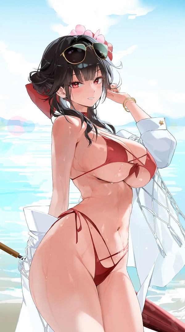 Tạo hình anime nữ với mũ cói và bikini trắng dịu dàng