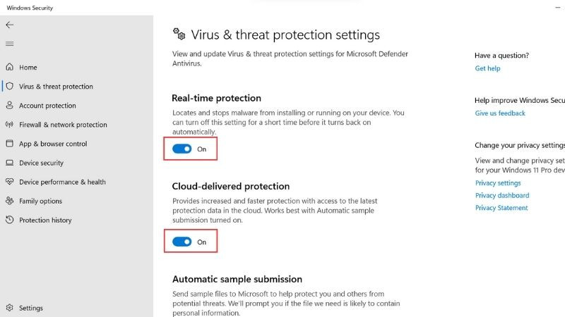 Tắt các tùy chọn bảo vệ theo thời gian thực trong cài đặt Virus &amp; threat protection