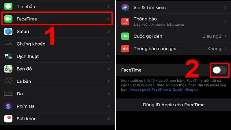 Tắt công tắc FaceTime trong Cài đặt để thử khắc phục lỗi cuộc gọi