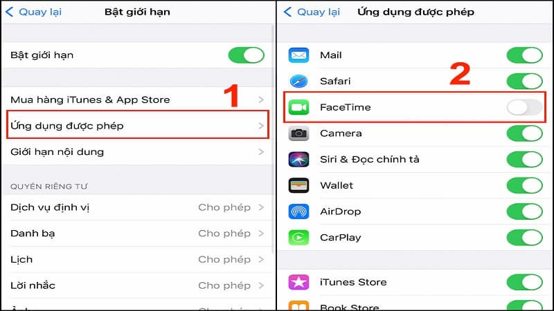 Tắt FaceTime trong danh sách Ứng dụng được phép (Allowed Apps) trong Screen Time