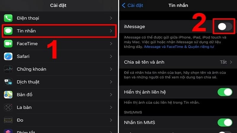 Tắt iMessage trong cài đặt Tin nhắn như một bước để đặt lại FaceTime