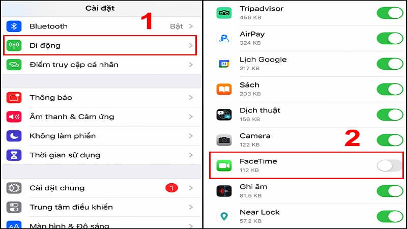 Tắt quyền sử dụng dữ liệu di động cho FaceTime trong mục Cài đặt Di động