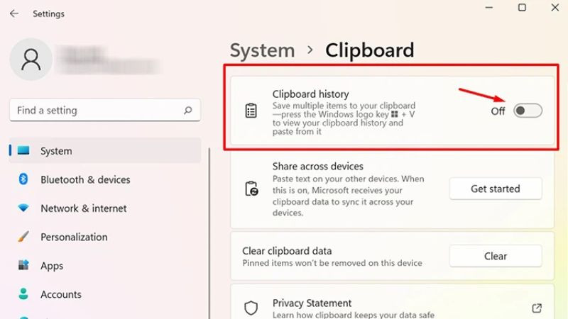 Tắt tính năng lưu Lịch sử Clipboard trong Cài đặt Windows