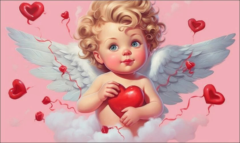 Thần Cupid nhỏ bé cầm trái tim đỏ