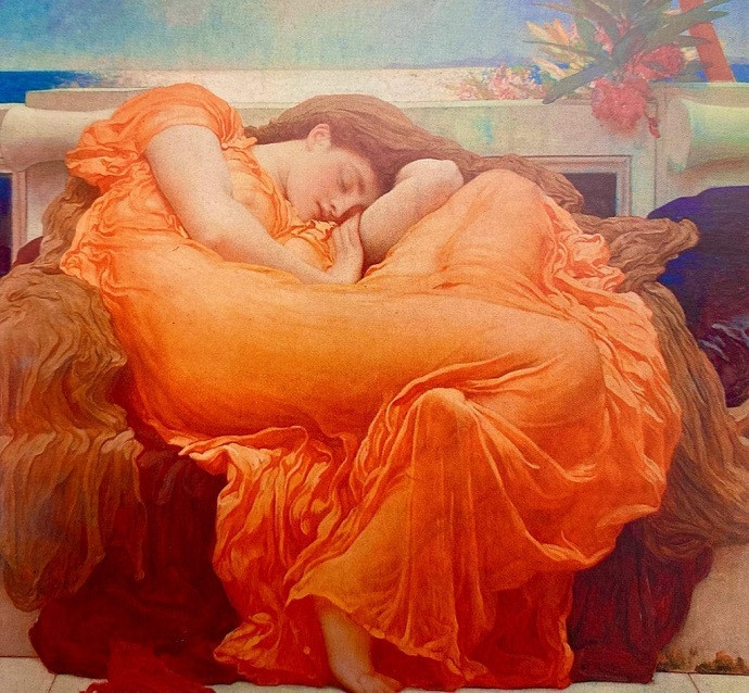 Tháng Sáu Cháy Bỏng của Frederic Leighton, khắc họa hình ảnh người phụ nữ say ngủ trong trang phục màu cam rực rỡ dưới ánh nắng.