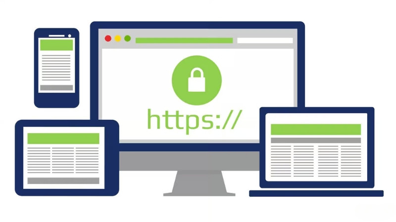 Thanh địa chỉ trình duyệt với biểu tượng ổ khóa và chữ HTTPS hiển thị chứng chỉ SSL đã xác thực