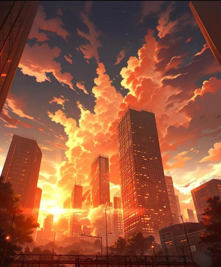 Thành phố anime hiện đại dưới ánh hoàng hôn