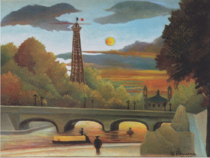 Tháp Eiffel tại Paris dưới ánh hoàng hôn mùa thu rực rỡ trong tranh phong cảnh của Henri Rousseau.