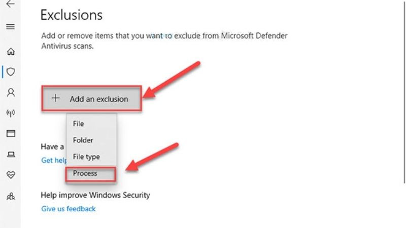 Thêm loại trừ cho tiến trình Antimalware Service Executable bằng cách nhập tên MsMpEng.exe