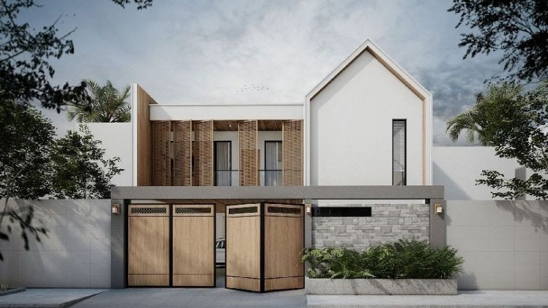 Thiết kế ngoại thất nhà hiện đại với vật liệu bê tông và gỗ