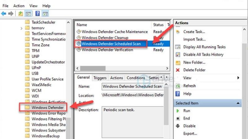 Thư mục Windows Defender và tác vụ Scheduled Scans trong Task Scheduler