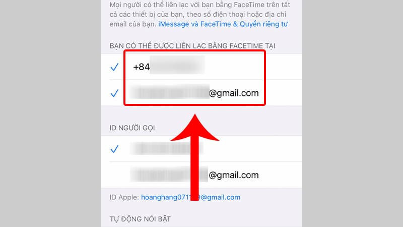 Tích chọn số điện thoại và email mà người khác có thể dùng để gọi FaceTime cho bạn