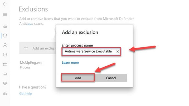 Tiến trình Antimalware Service Executable (MsMpEng.exe) đã được thêm vào danh sách loại trừ