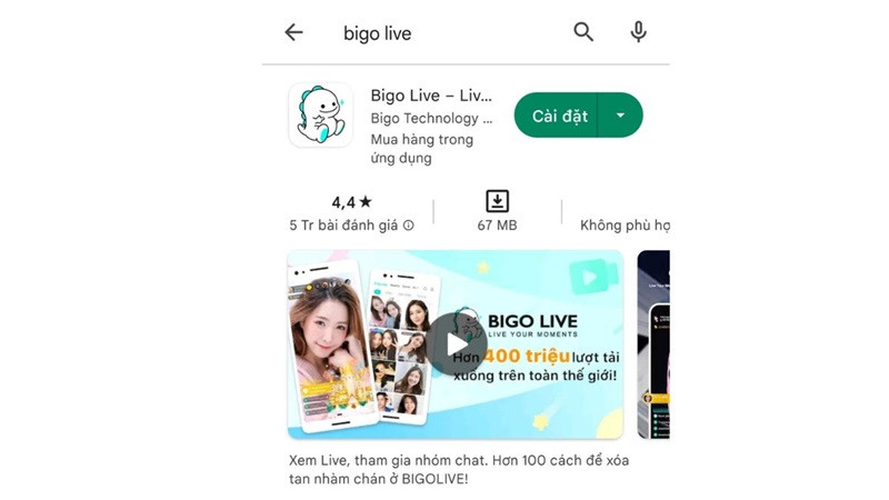 Tìm kiếm ứng dụng Bigo Live trên Google Play Store cho thiết bị Android