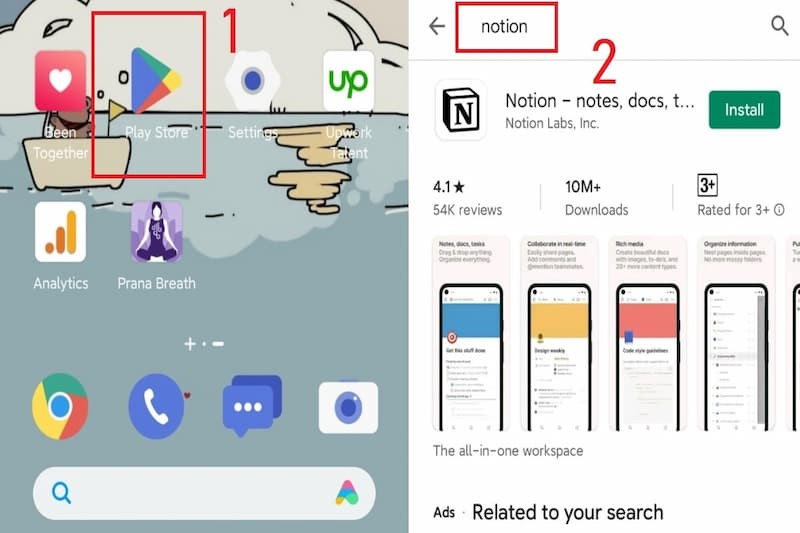 Tìm kiếm ứng dụng Notion trên cửa hàng Google Play Store để tải về điện thoại Android