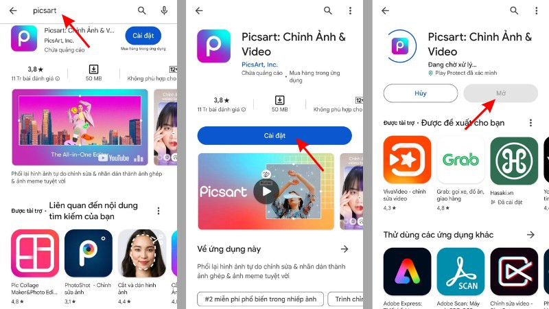 Tìm kiếm ứng dụng PicsArt trên Google Play Store để tải về điện thoại Android