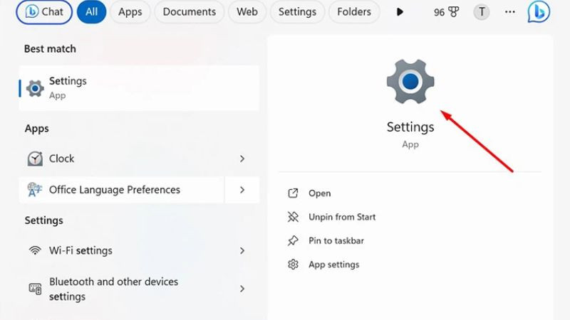 Tìm kiếm và mở ứng dụng Cài đặt (Settings) trên Windows