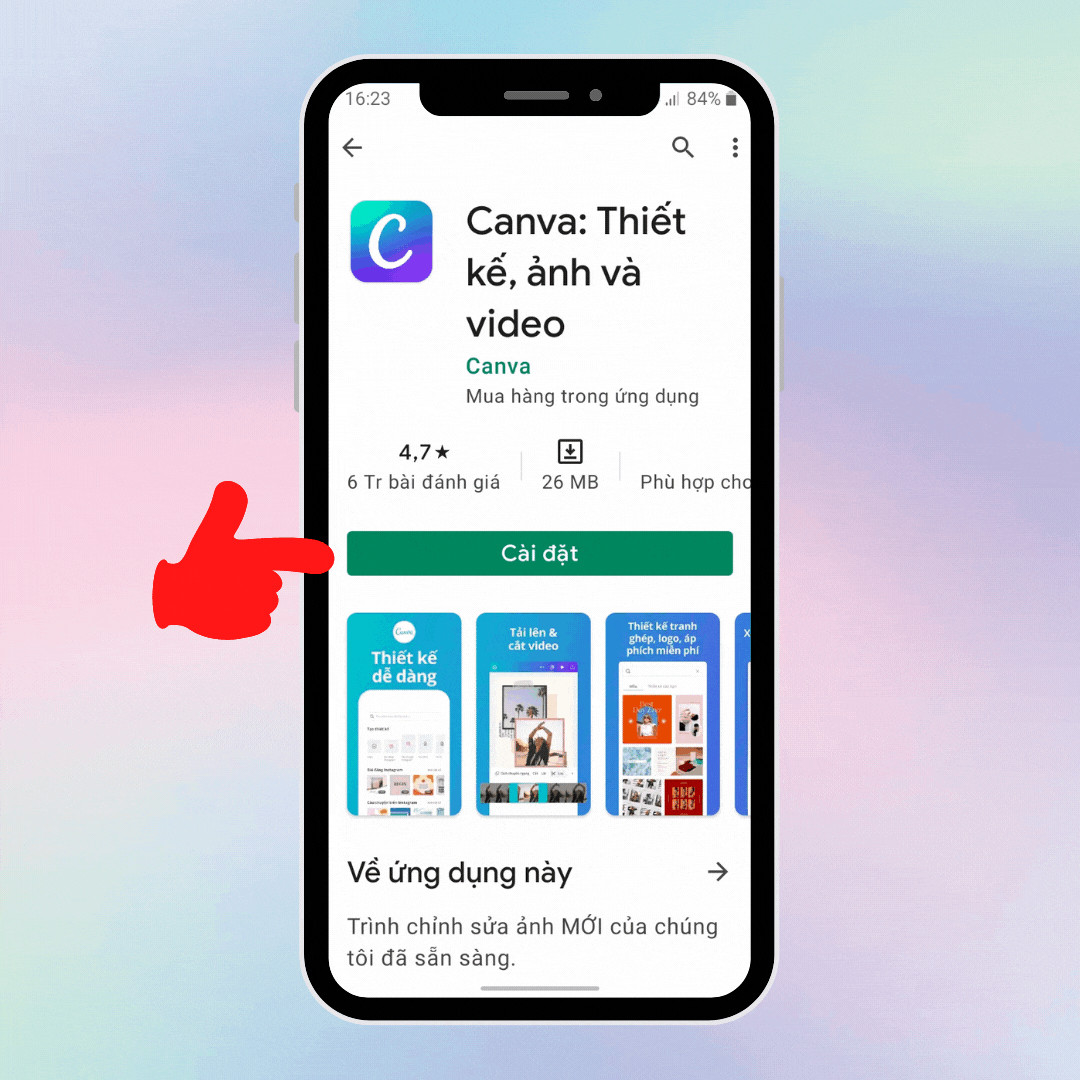 Tìm kiếm và tải ứng dụng Canva trên cửa hàng ứng dụng di động (App Store hoặc CH Play)