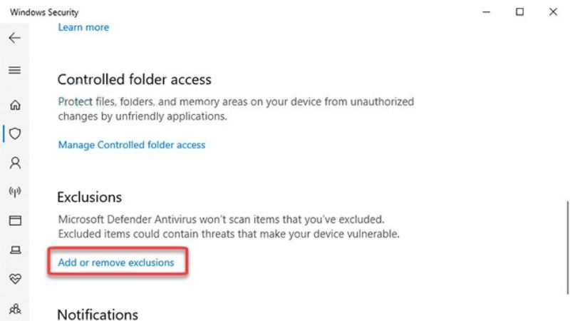 Tìm và chọn &quot;Add or remove exclusions&quot; trong cài đặt bảo vệ virus