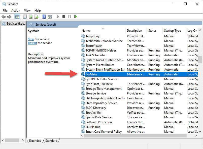 Tìm và chọn dịch vụ Superfetch hoặc SysMain trong cửa sổ Services