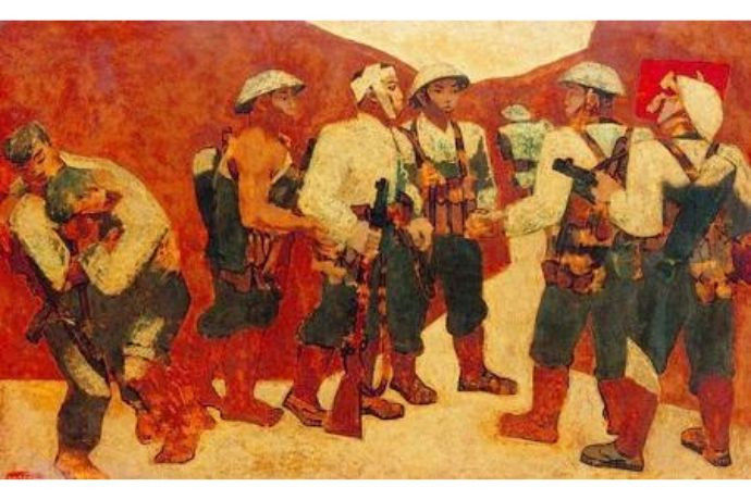 Toàn cảnh bức tranh sơn mài Kết nạp Đảng ở Điện Biên Phủ của họa sĩ Nguyễn Sáng