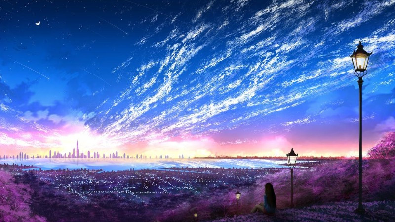 Toàn cảnh thành phố hiện đại với tòa nhà cao tầng và đường phố nhộn nhịp trong ảnh anime