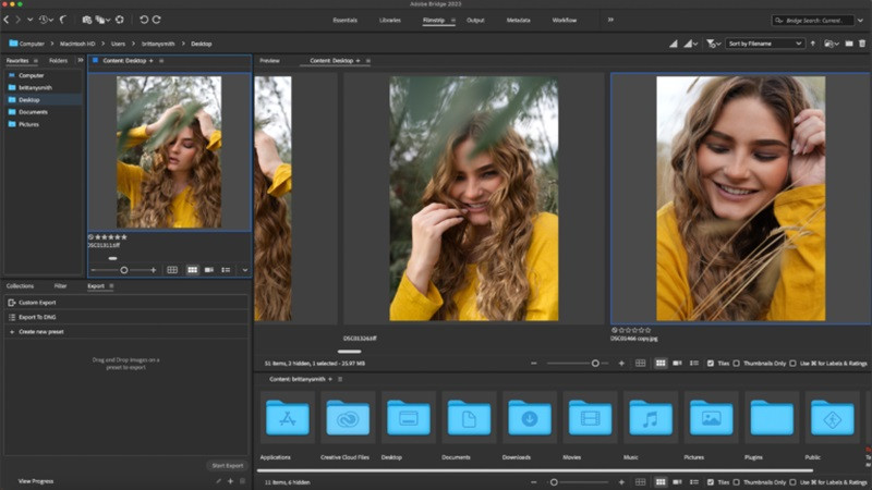 Tổng quan giao diện Adobe Bridge, minh họa các công cụ và bảng điều khiển đa dạng