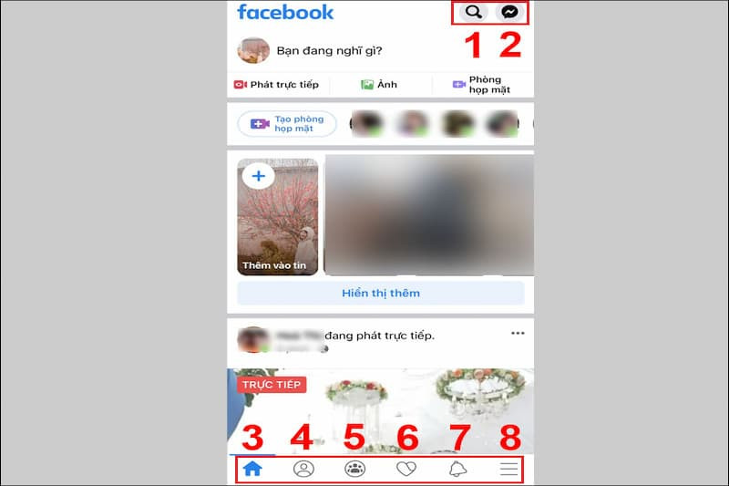 Tổng quan giao diện trang chủ Facebook, hiển thị các khu vực chính như News Feed và thanh điều hướng.