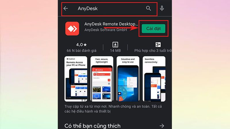 Trang ứng dụng AnyDesk trên Google Play Store để tải về thiết bị Android.