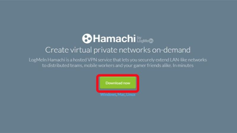 Trang web chính thức của LogMeIn Hamachi với nút tải xuống phần mềm