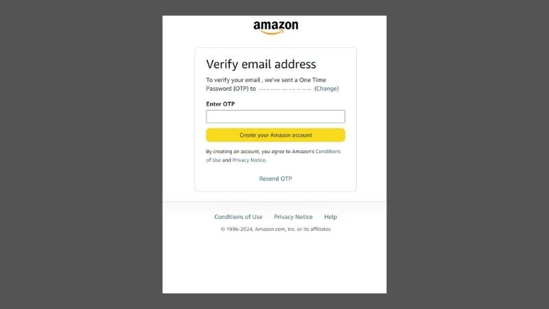 Trang yêu cầu nhập mã OTP được gửi đến email để xác minh địa chỉ email trong các bước đăng ký Amazon Prime
