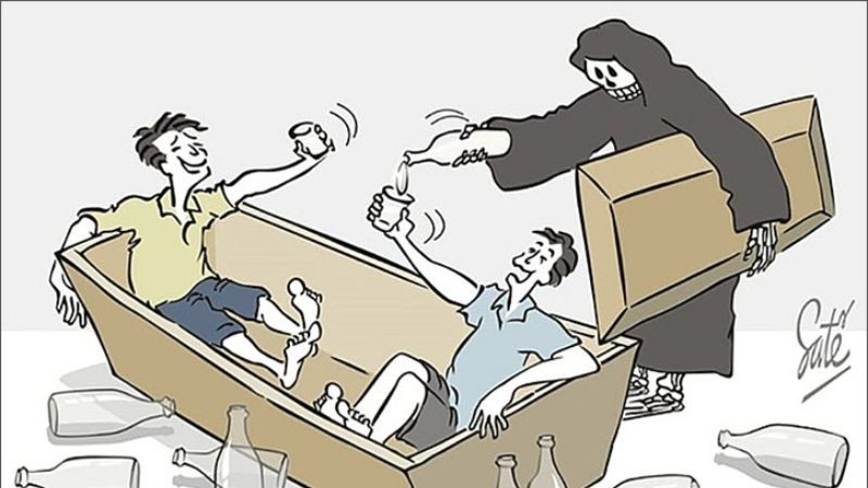 Tranh biếm họa phê phán thói quen uống rượu gây hại