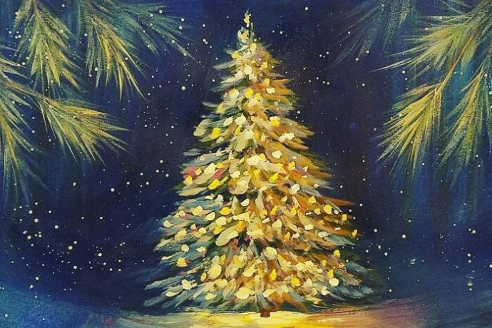 Tranh cây thông Noel đầy đủ đèn và quả châu