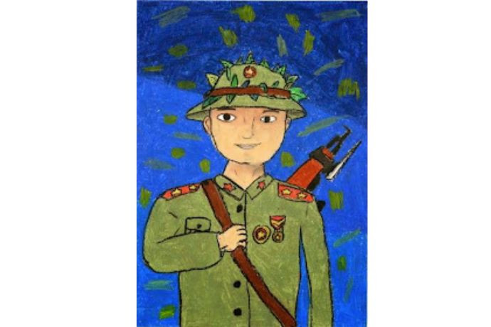 Tranh chân dung chú bộ đội suy tư