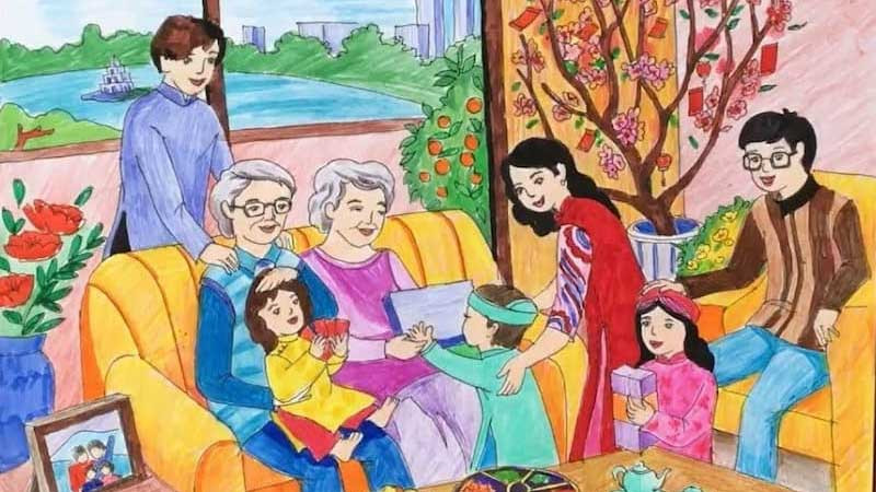 Tranh gia đình ngày Tết vẽ nét đơn giản