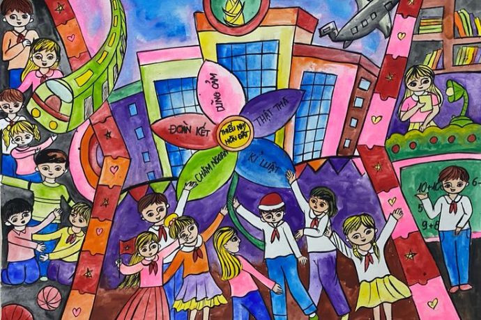 Tranh hoạt động ở trường vẽ giờ thể dục